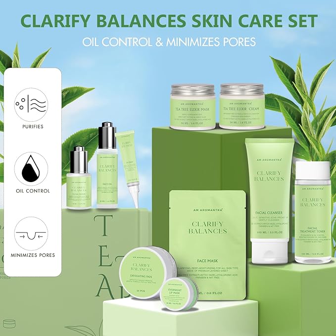Tea Tree & Witch Hazel Extracts Skin Care Set with Hyaluronic Acid - Deep Cleanse, Balance Oils, Hydrating & Soothing Face Serum, Toner & Moisturizer - 10-Piece Kit Suitable for All Skin Types