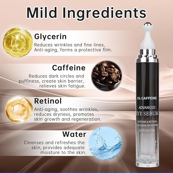 Caffeine Eye Cream for Puffiness & Dark Circles, Under Eye Cream for Puffy Eyes, Eye Bags & Wrinkles, 1 PCS Anti Aging Eye Serum with Under Eye Roller, Reduces Fine Lines & Moisturize Skin.