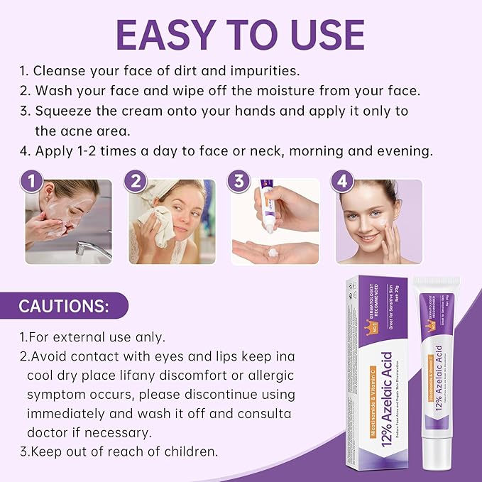 Azelaic Acid 12% Serum for Acne, Azelaic Acid Cream for Acne, blemishes and Pimples, Nicotinamide Serum Balances Excess Sebum for Smooth Skin, 0.7 OZ