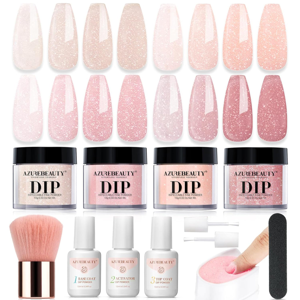 AZUREBEAUTY Jelly Dip Powder Nail Kit, Transparent Glitter Nude Pink Sheer Peach Neutral 4 Colors Dipping Powder Liquid Set with Base/Top Coat Activator for French Nail Art Manicure DIY Home Gifts