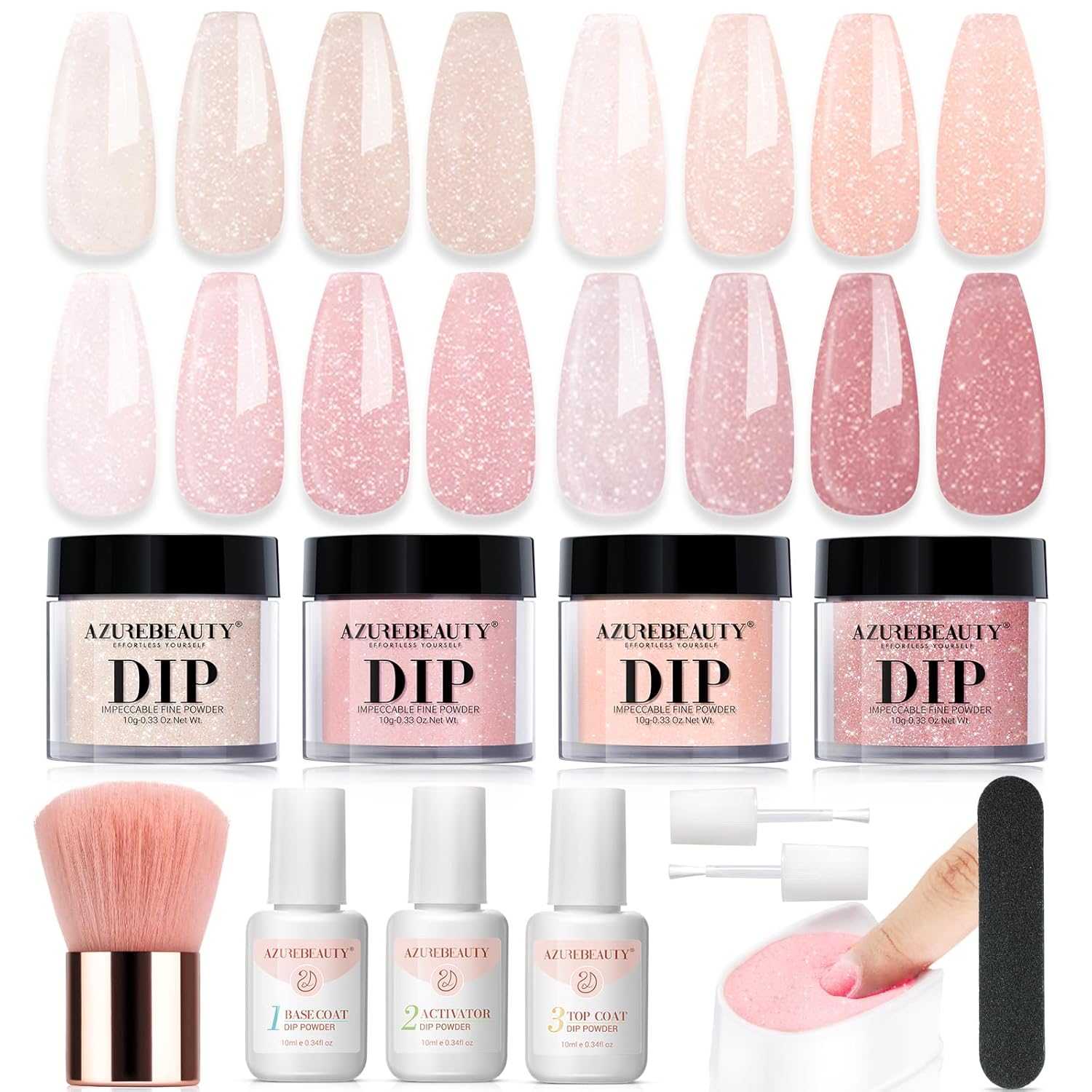 AZUREBEAUTY Jelly Dip Powder Nail Kit, Transparent Glitter Nude Pink Sheer Peach Neutral 4 Colors Dipping Powder Liquid Set with Base/Top Coat Activator for French Nail Art Manicure DIY Home Gifts