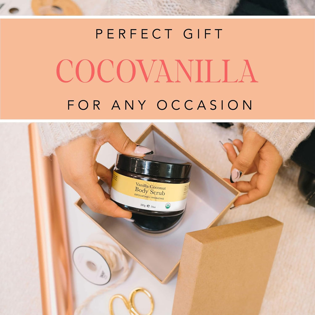Organic Vanilla Coconut Body Scrub - USA Made Sugar Scrub with Natural Ingredients, Moisturizing Body & Foot Exfoliator for Dry and Sensitive Skin, Removes Dead Skin Cells & Reduces Ingrown Hair