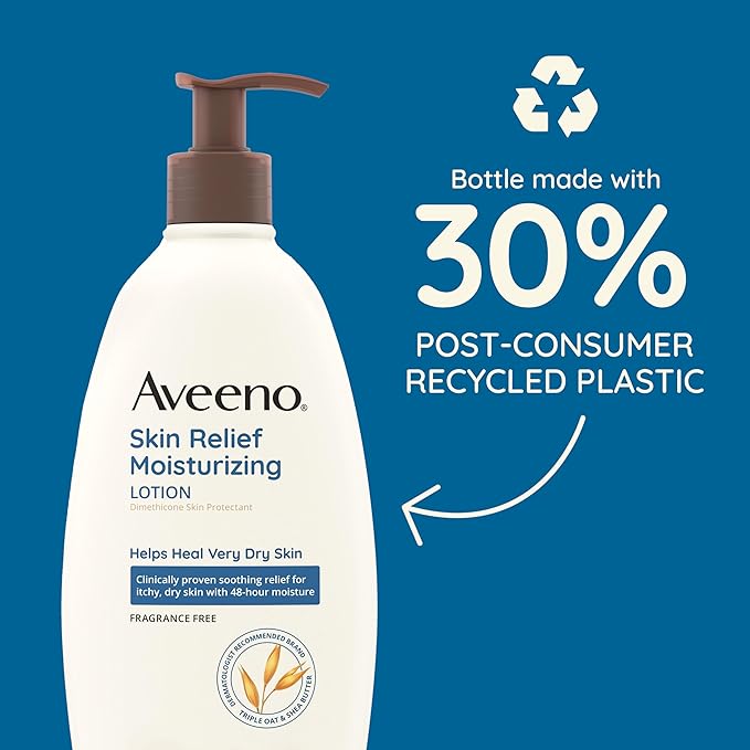 Aveeno Skin Relief Moisturizing Lotion for Very Dry Skin with Soothing Triple Oat & Shea Butter Formula, Dimethicone Skin Protectant Helps Heal Itchy, Dry Skin, Fragrance-Free, 33 fl. oz