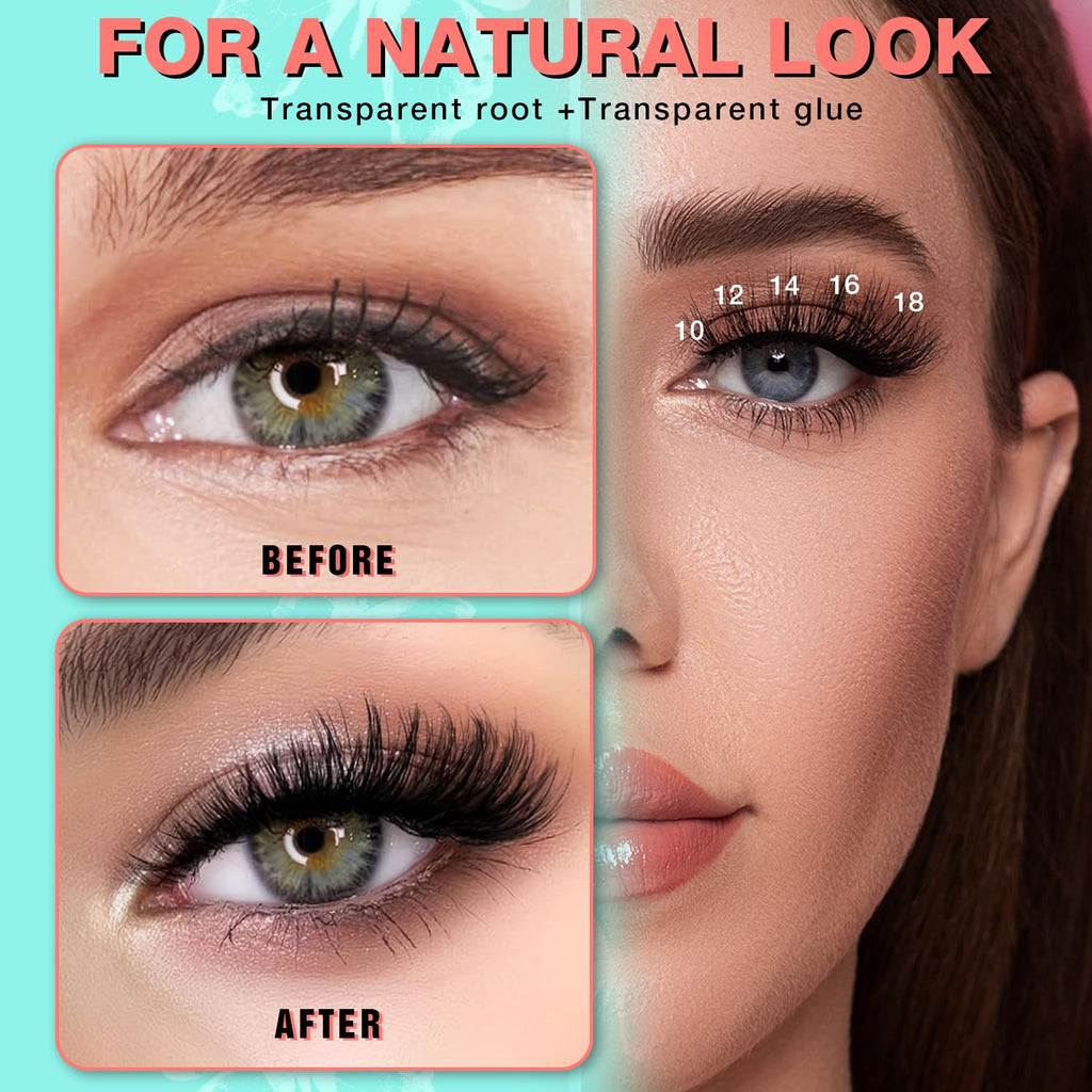 No Glue Needed Lashes, Self Adhesive Eyelashes, DIY Lash Cluster Eyelash Extensions Kit 10‑18mm,100pcs Fluffy D Curl Soft Natural Lashes with Tweezers–Fake Cat Eye Wispy Individual Clusters(NGDY31)