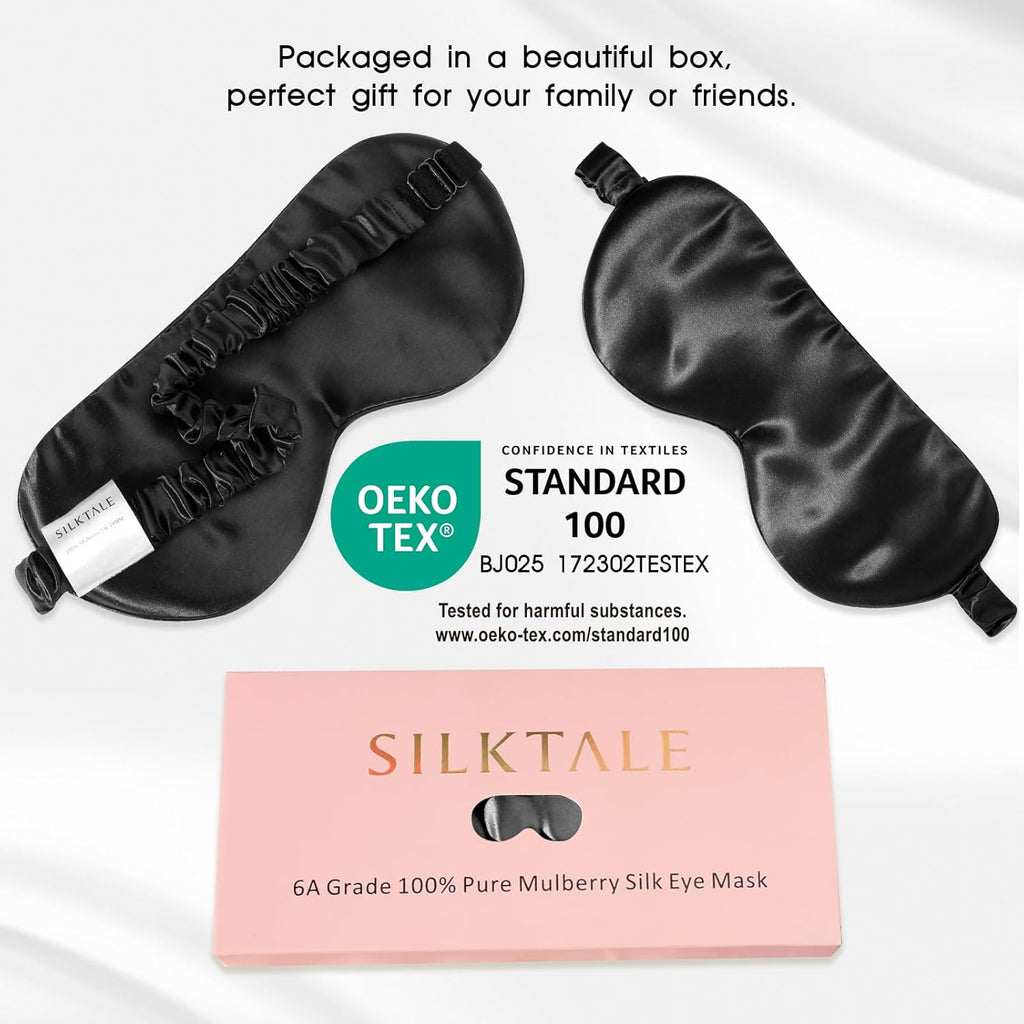 100% Mulberry Silk Eye Mask for Sleeping with Silk Wrapped Adjustable Strap,Black