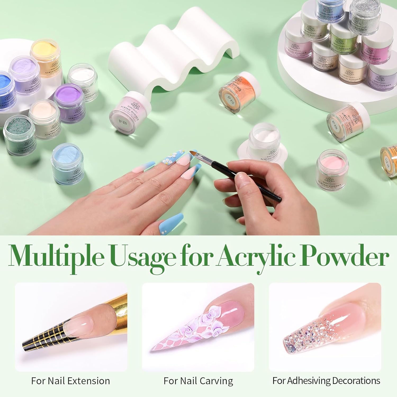 BORN PRETTY Acrylic Powder Set 36 Colors Spring Summer Acrylic Nail Powder Nude Pink Red Green Blue Purple Professional Polymer 3D Acrylic Nail Art Kit for French Nails Extension Nail Carving