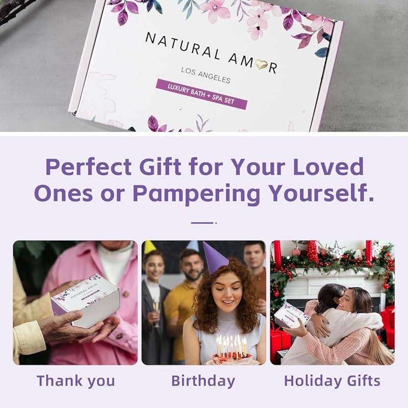 Natural Amor Lavender Spa Gifts for Women, 5pcs Handmade Spa Gift Box for Women, Birthday Gift for Women, Self Care Gift, Thank you Gift for Mother Day