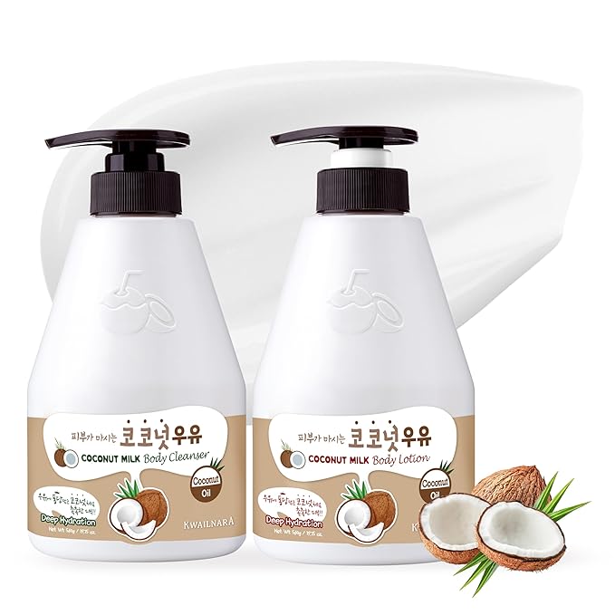 WELCOS Kwailnara Coconut Milk Body Lotion & Body Wash Set – Moisturizing & Revitalizing Korean Skincare Bundle with Coconut Milk Extract, 560g / 19.75oz Each
