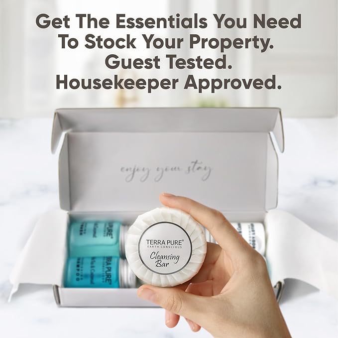 Terra Pure White Tea & Coconut Amenity Kit | Hotel Bulk Toiletries | 1 oz Shampoo, Conditioner, Lotion, Body Wash, Cleansing Bar for Guest Hospitality Vacation Rentals| 15 Sets/Case