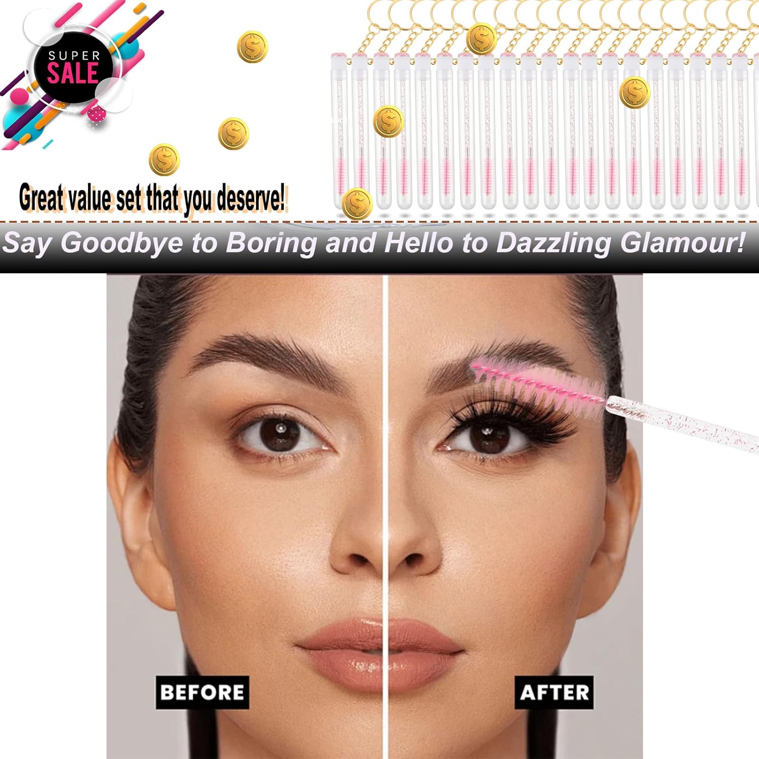 Upgrade 48 Pieces Disposable Mascara Wands Set,Mascara Brush Tube for Women and Girls- Include 24 Pcs Crystal Lash Spoolies Brush and 24 Pcs Reusable Keychain Empty Eyelash Brush Tubes(Pink)