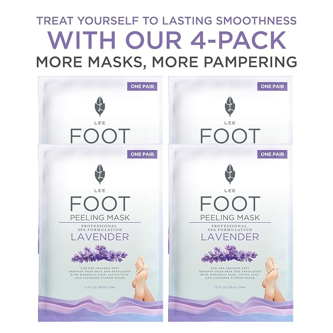 Lee Beauty Exfoliating Foot Peeling Mask (4 Pack) - Foot Mask for Dry Cracked Feet with Lavender, Lactic Acid and Mandelic Acid - Removes Dead Skin Feet Peeling Mask (4 Pairs)