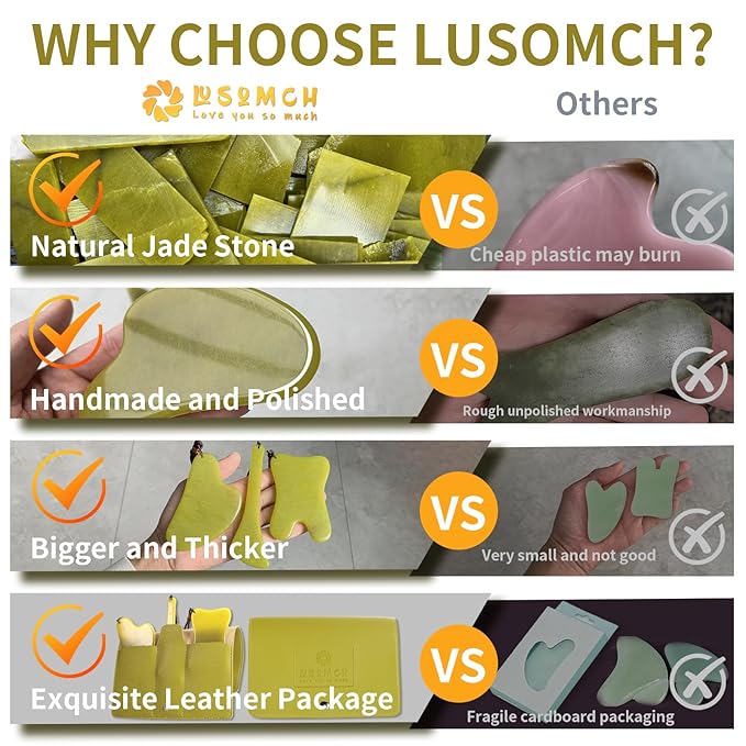 3PC Gua Sha Tools Set - Natural Nephrite Jade Facial & Body Stones, Hypoallergenic Skin Care Kit with Adjustable Cord & A Thoughful Acessory Pouch