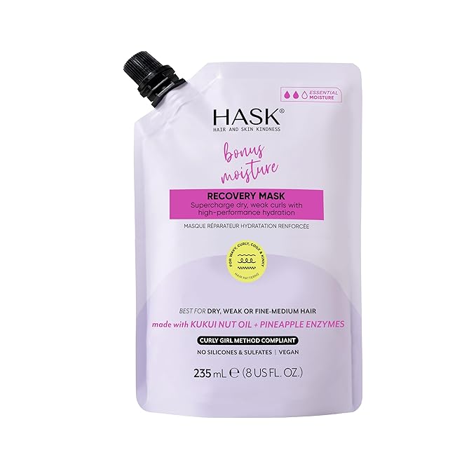 HASK Bonus Moisture Recovery Mask with Kukui Nut Oil & Pineapple Enzymes for Wavy, Curly, Coily & Kinky Hair, Hydrates, Softens, Prevents Damage, Vegan, Sulfate-Free, Cruelty-Free – 8 fl oz