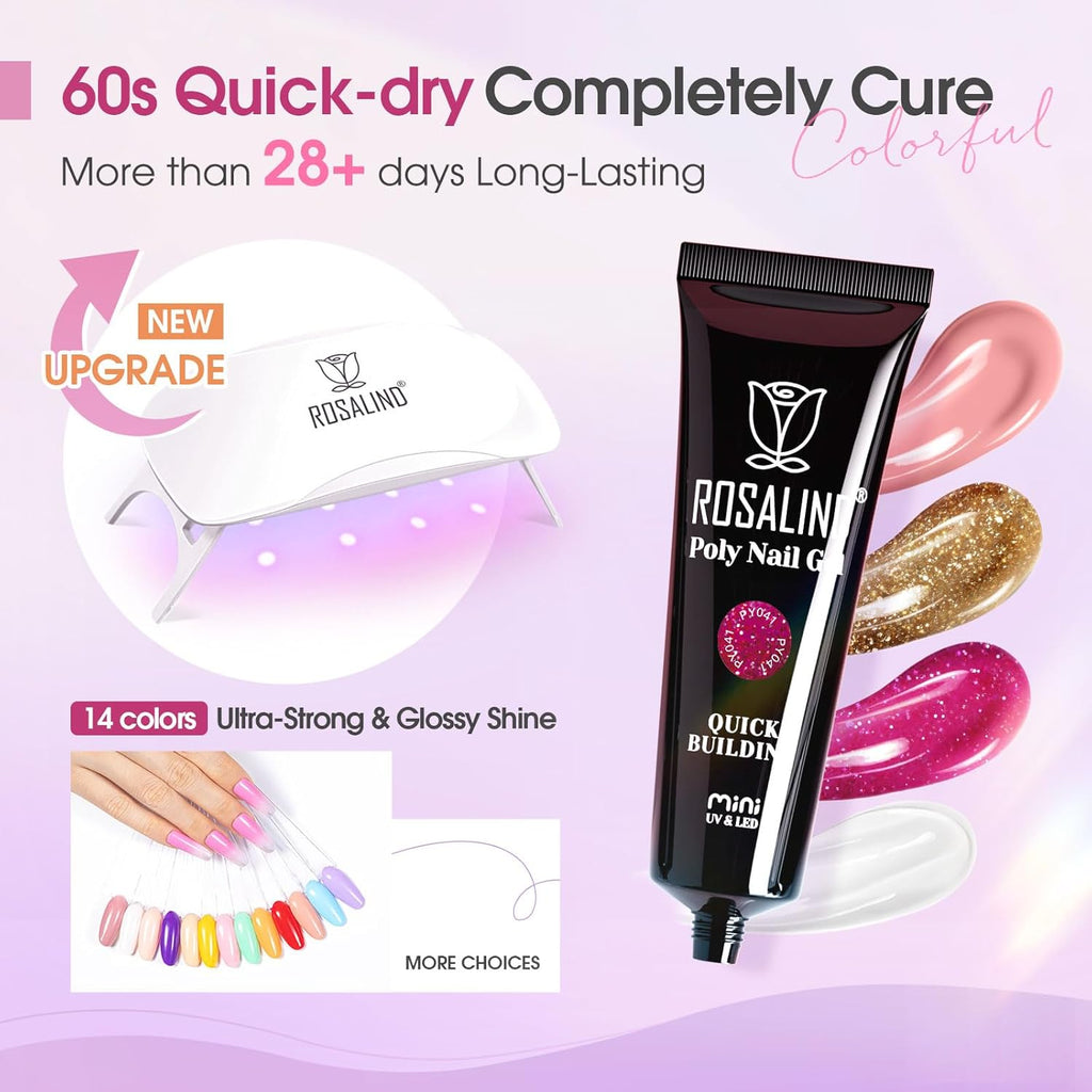 ROSALIND Poly Nail Gel Colors Kit -14 Colors +72 Nail Art Accessories kit Glitter Poly Nails Gel Kit Starter Kit with Mini UV Lamp Slip Solution Nude Pink Poly Nail Art for Beginners with Everything