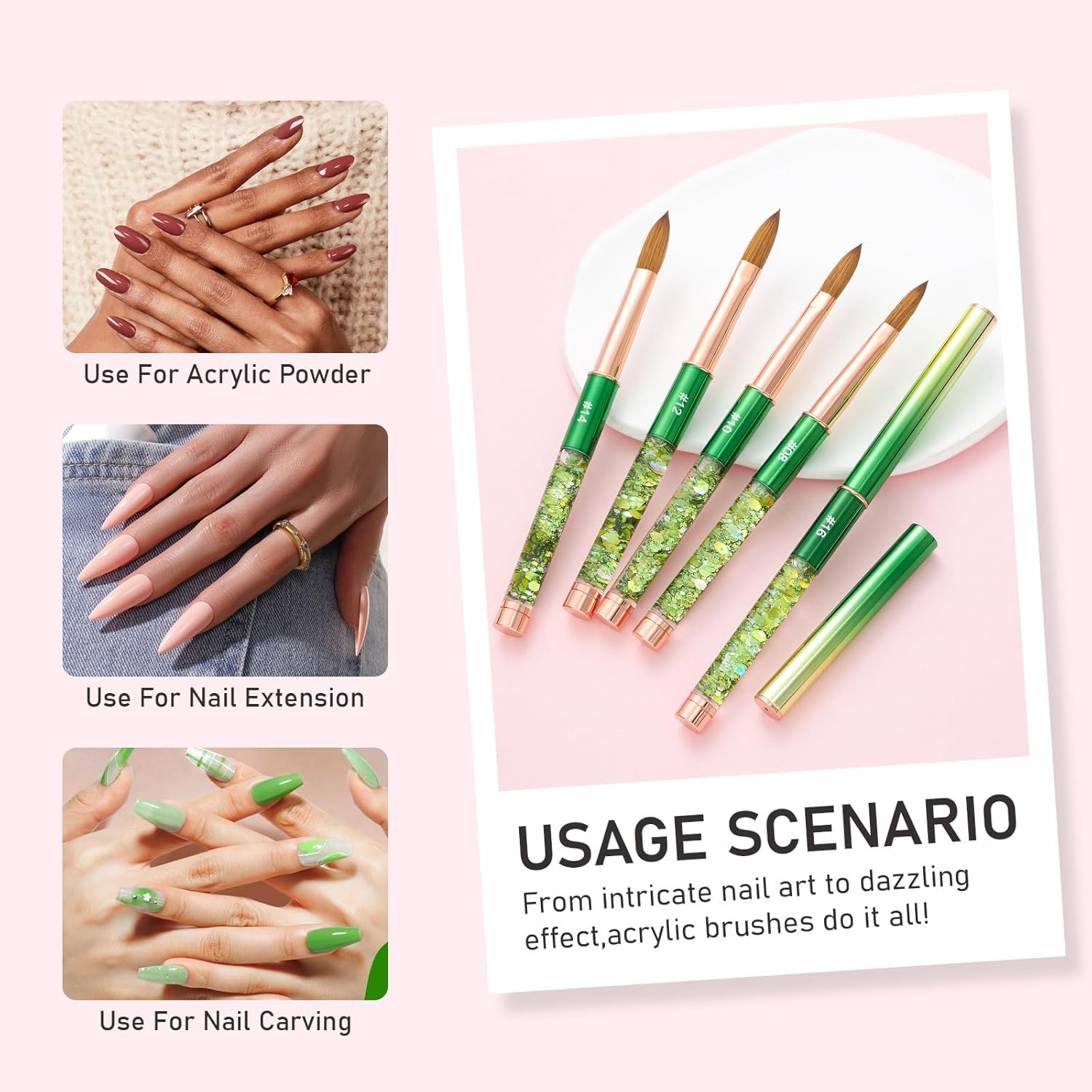 Acrylic Nail Brush Size #12, KEMEISI 100% Pure Kolinsky Nail Art Brushes Sturdy Handle Oval Shaped Acrylic Powder Nail Design Tools for Professional Manicure DIY Home Salon (Green)