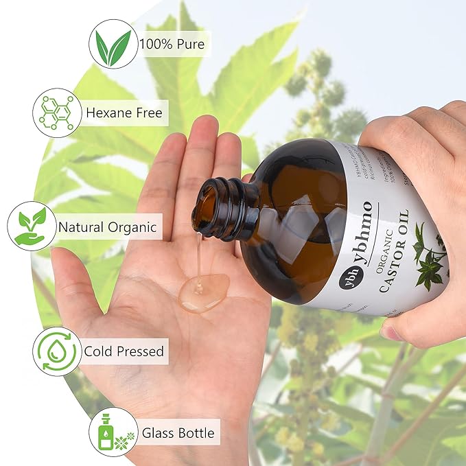 Cold Pressed Castor Oil Organic Glass Bottle(16 Fl Oz),100% Pure &Hexane Free, Castor Oil for Hair Growth & Care, Thicker Eyelashes & Eyebrows,Castor oil pack & Moisturize Body Skin
