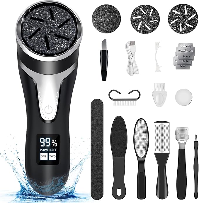 Electric Foot Callus Remover, IPX7 Waterproof Pedicure Kit Rechargeable Calloused Feet Remover Tool with LCD Display, 2-Speed Dual Motors for Efficient Exfoliation of Dead Skin on Feet