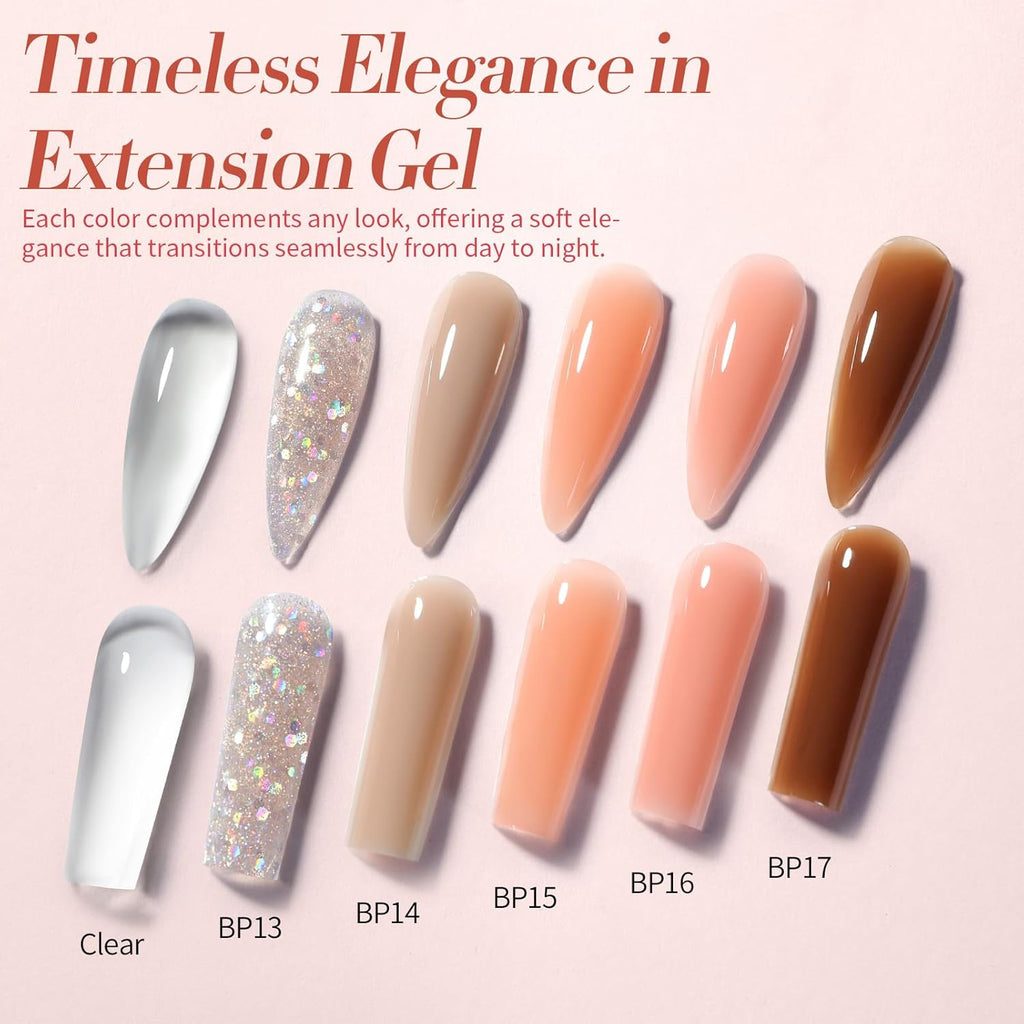 BORN PRETTY Extension Nail Gel Kit-6 Colors Gel Kit Nude Clear Jelly All-In-1 Set Builder Glue with U V Lamp Base Top Coat Set Forms French Manicure Set for Beginner
