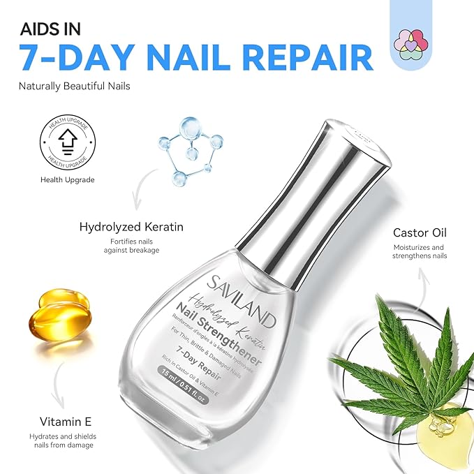 SAVILAND Advanced Nail Strengthener: Clear Air Dry Nail Growth for Damaged Nails Nail Polish Strengthening Repair Weak & Thin Nails Treatment with Castor Oil & Vitamin E 15ml Women Gift