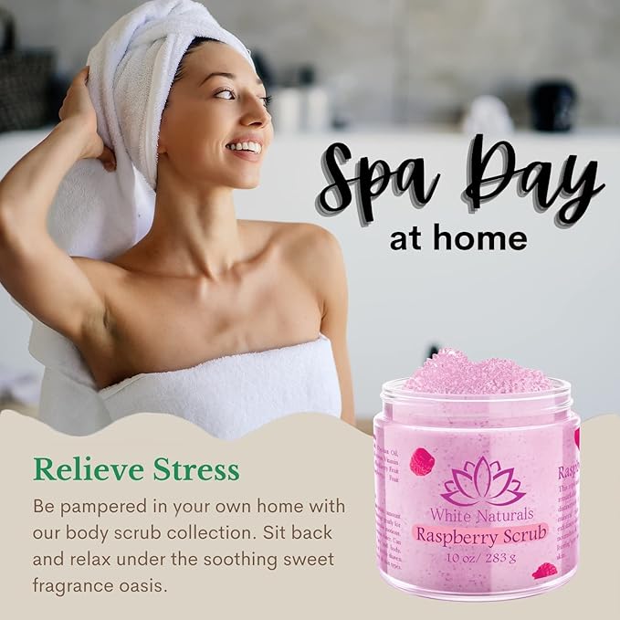 Organic Raspberry Scrub, Natural Exfoliating Salt Body & Face Scrub, Pure Exfoliator Helps with Moisturizing Skin, Cellulite, Dead Skin Cells, Deep Cleansing, Moisturizes 10 oz