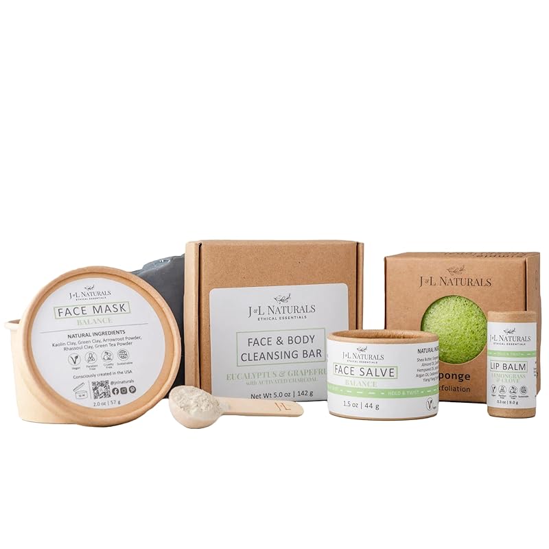 J&L Naturals Exceptional Skin Regimen Kit With Cleansing Bar, Face Salve, Konjac Sponge, Lip Balm | For Oily and Combination Skin | Zero Waste (Balance (oily, combination skin), Exceptional)