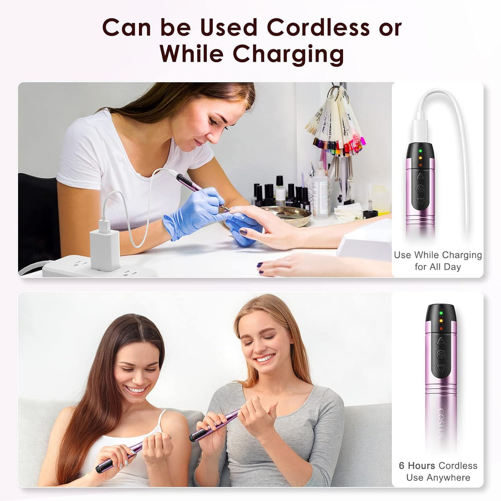 COSLUS Cordless Nail Drill Electric File: Professional for Acrylic Gel Dip Powder Nails Portable Nail Drill Machine Kit for Manicure Pedicure Nail Set with Everything Rechargeable Lightweight
