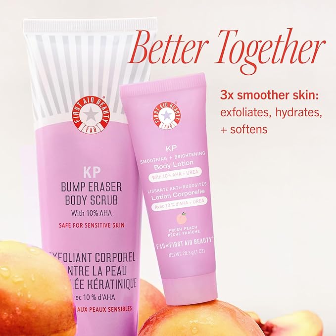 First Aid Beauty Soft + Smooth Starter Body Kit: KP Bump Eraser Body Scrub, 4 oz, Smoothing + Brightening Lotion (Peach), 1oz, & Ingrown Hair Pads, 28 Pads, Exfoliation & Hydrating Skin Care Set, 3ct