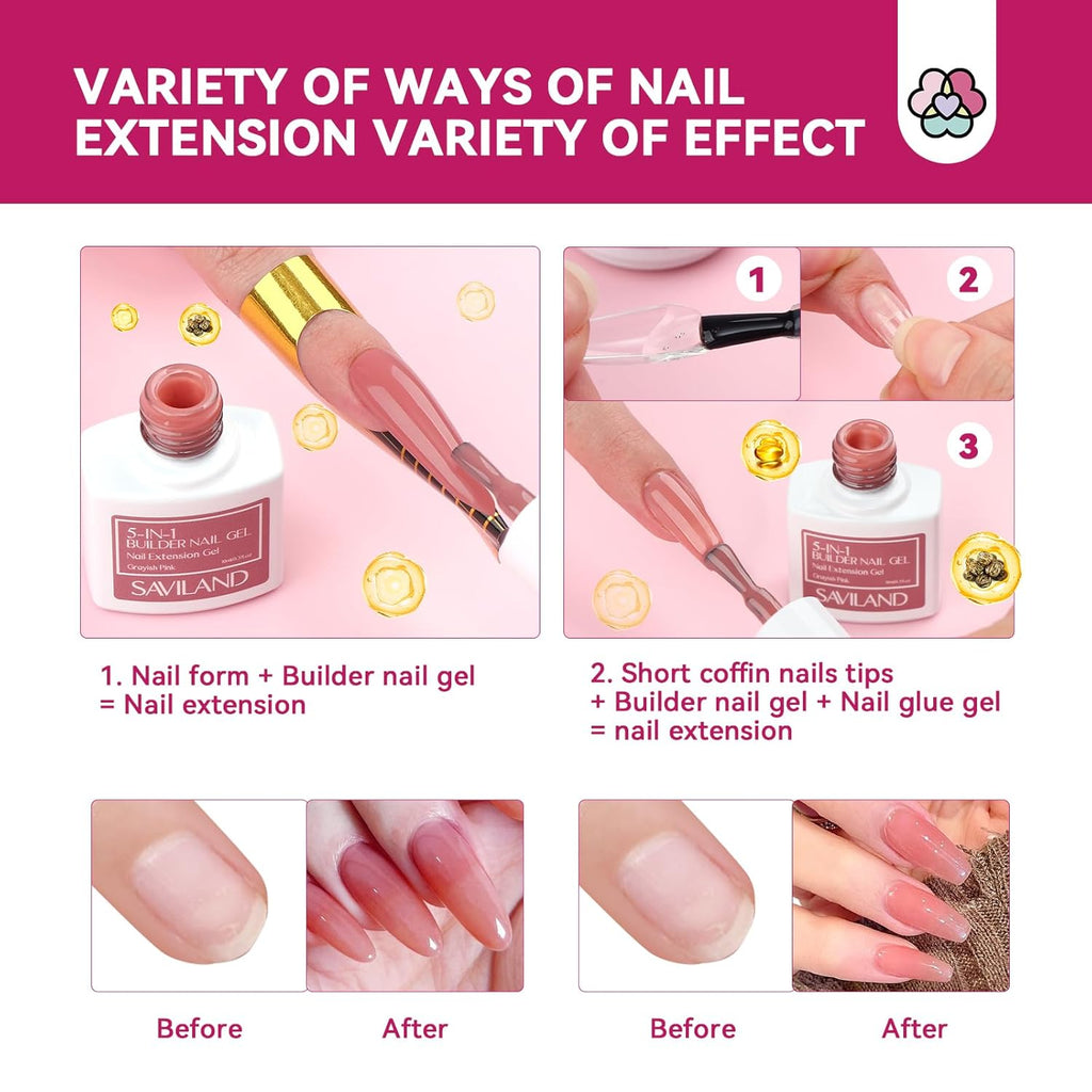 SAVILAND Builder Nail Gel Kit with Nail Drill: Castor Oil Vitamin E Builder Nail Gel in a Bottle 6 Colors 10 ml Hard Gel for Nails Strengthener Extension Gel Mini UV Lamp Nail Glue Gel Home Nail Salon