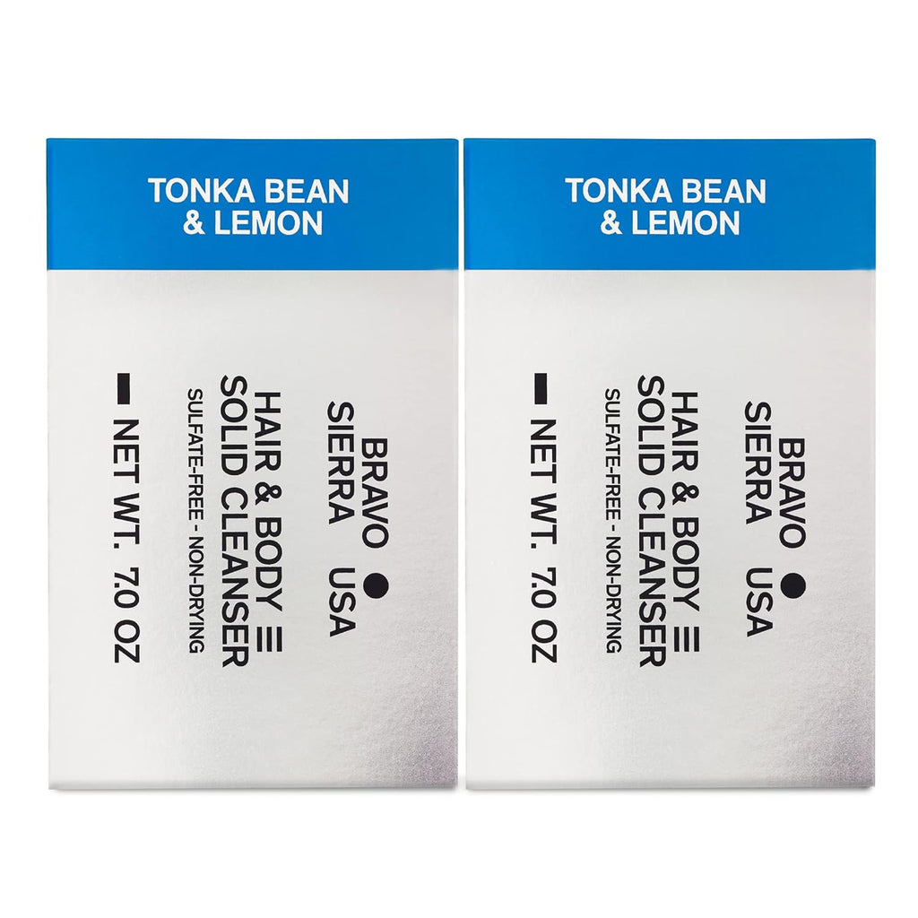 Bravo Sierra Body and Hair Mens Soap Bar, 2-Pack - All-In-One Shampoo & Soap for Face, Hair & Body - Tonka Bean & Lemon, 7 oz - Coconut, Shea Butter & Oat Flour for Soft Skin & Healthy Hair