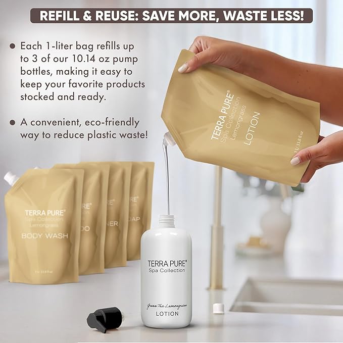 Terra Pure Spa Collection 1 Liter Lotion Refill Bag For Soap Dispensers | Bulk Toiletries for Vacation Rentals, and Home Bathroom Showers | Green Tea Lemongrass | Single