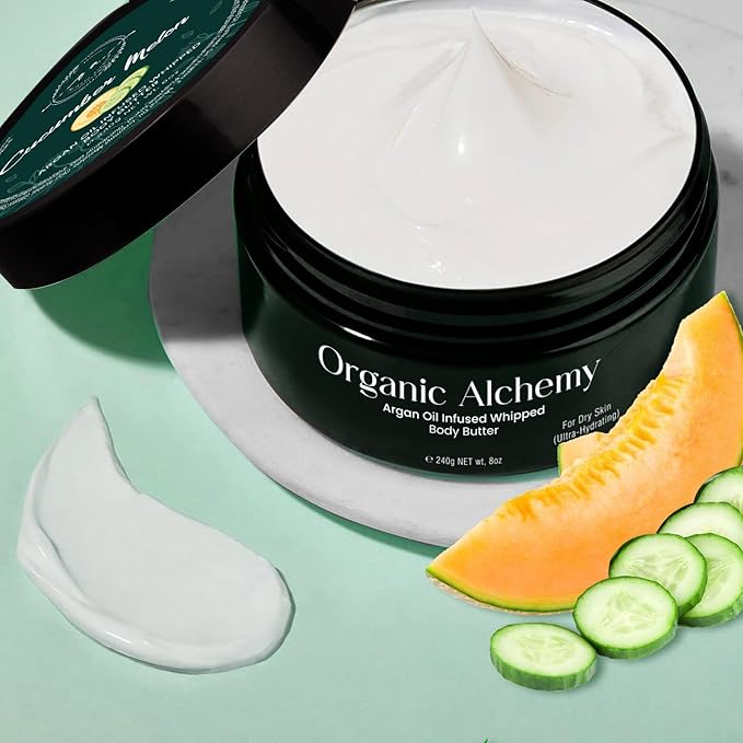 Whipped Argan Oil Body Butter for Dry Skin, Anti-Aging Body Cream Made for Women - Natural Skin Care, 8 OZ (Cucumber Melon)
