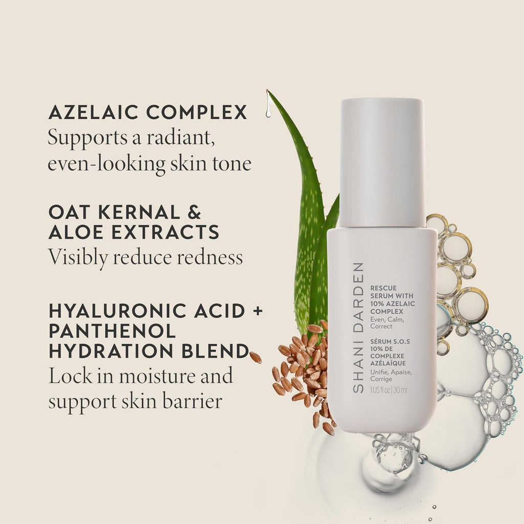 Shani Darden Rescue Serum with 10% Azelaic Complex, Lightweight Hydrating Azelaic Acid Serum for Face with Oat Kernel & Aloe Extracts, Helps Skin Redness & Acne, Non-Comedogenic, Vegan, 1 fl oz
