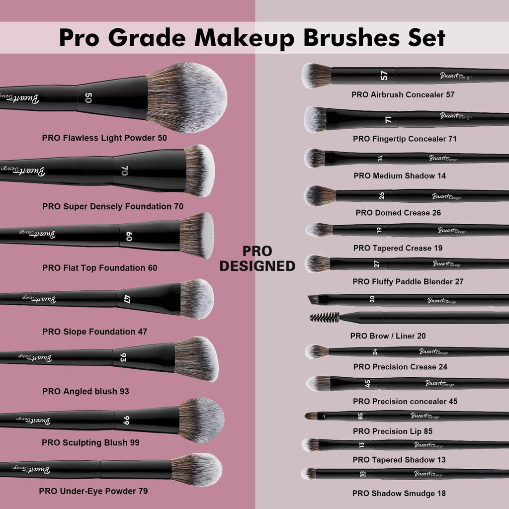Bueart Design 19Pcs Professional Grade Labeled Makeup Brushes Set, Large Foundation Powder Contour Concealer eyeshadow Blush EyeLiner Make up Brushes,Premium Synthetic hair,Vegan Cruelty-free