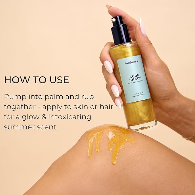 Body & Hair Shimmer Oil | Surf Shack Santal Coconut Scent Lightweight Oil for Luxurious Radiant Glow and Hydration for Body, Hair & Face 3.4oz Coconut, Santal, Sandalwood, Tonka Bean