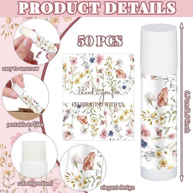 50 Pcs Wildflower Wedding Bridal Shower Gifts Bulk Floral Lip Balm Baby Shower Party Favors Thank You Appreciation Gifts for Women Tea Bachelorette Party