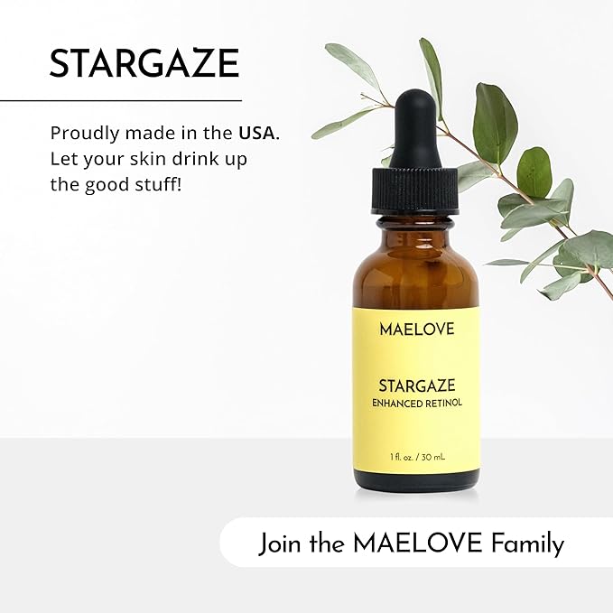 MAELOVE Stargaze Enhanced Retinol Serum, Time-Released 0.25% Retinol for Radiant Skin, Hydrating with Hyaluronic Acid, Niacinamide, Soothing Botanicals, Ideal for Sensitive Skin, USA Made