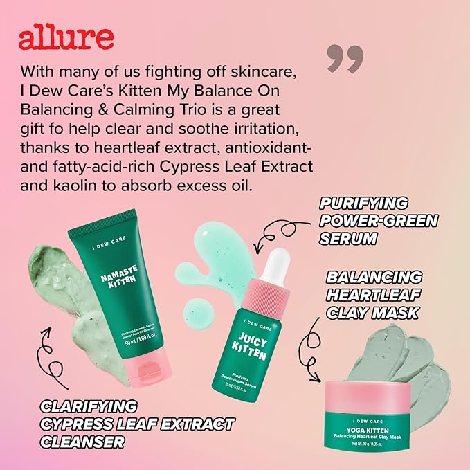 I DEW CARE Blemish Heartleaf Skincare Set - Kitten My Balance On | Foam Cleanser & Wash-off Mask & Serum, Clear and Soothe Irritation, Abosorb Excess Oil, Gentle Face Wash, Travel Size