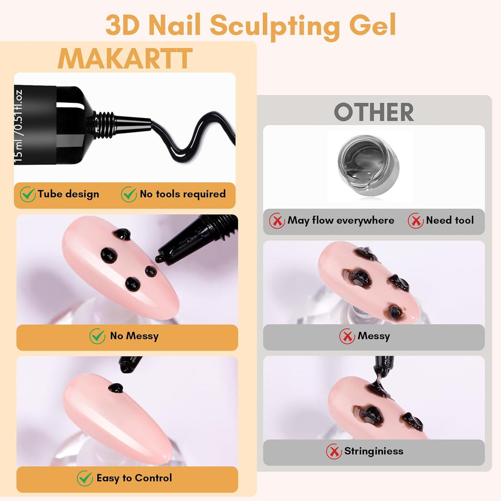 Makartt 3D Gel Nail Art: White and Black Sculpting Candy Molding Gel No Wipe Craving Embossed Gel Polish Set for Decoration Manicure Charm Designs (Whiteout Wonder & Noir)