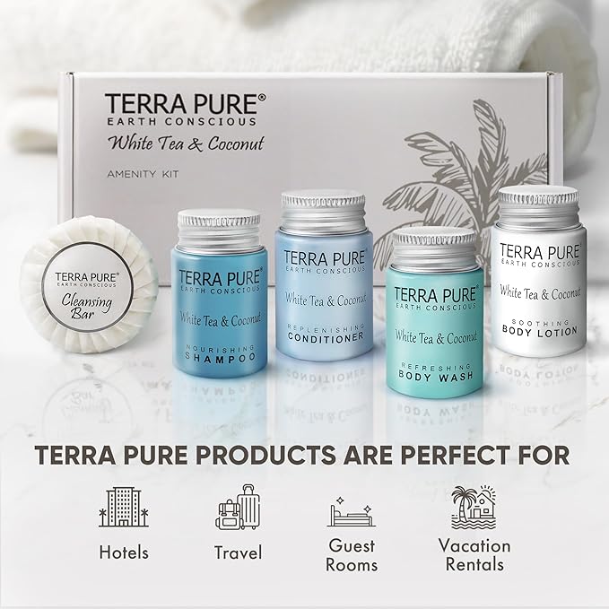 Terra Pure White Tea & Coconut Amenity Kit | Hotel Bulk Toiletries | 1 oz Shampoo, Conditioner, Lotion, Body Wash, Cleansing Bar for Guest Hospitality Vacation Rentals| 15 Sets/Case