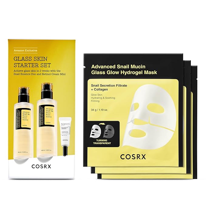 COSRX Glass Skin Starter Set + Hydrogel Mask 3EA- Snail 96% Essence Duo and Glass Glow Hydrogel Collagen Face Mask, Travel Essentials, Stocking Stuffers, Korean Skin Care