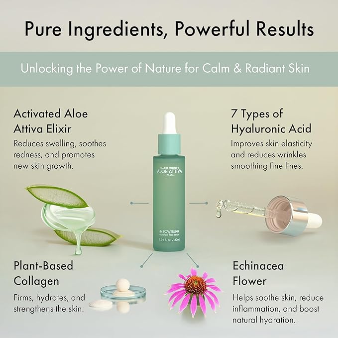 Aloe Attiva 4X POWERLIXIR Serum, Antioxidant-Rich Aloe Vera Serum with Plant-Based Collagen and Hyaluronic Acid,Fragrance-Free Aloe Vera Gel for Face Moisturizer Skin Care for Women 1 Oz Face Serum
