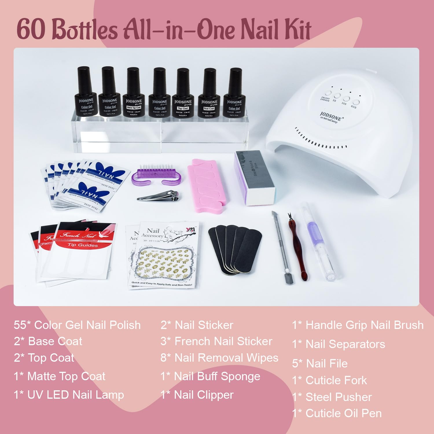 JODSONE Gel Nail Polish Kit 60 PCS with U V Light Soak off Base Top Coat 55 Shine Colors Gel Nail Kit Bright and Dark Brown Wine Red Series Manicure Set for Women and Girls