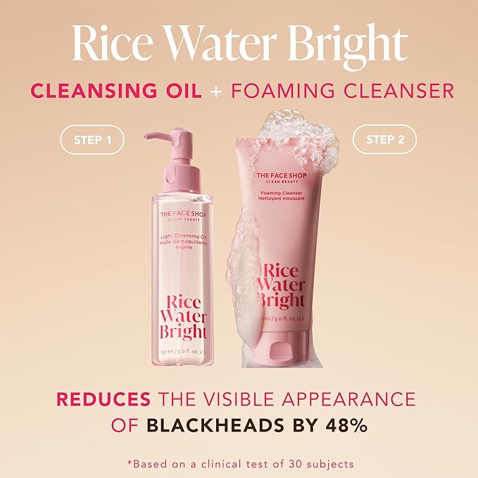 The Face Shop Rice Water Bright Double Cleansing Duo Set with Ceramide, Korean Skin Care, Gentle Face Wash & Pore Control Cleansing Oil, Hydrating, Moisturizing, Vegan Facial Cleanser, Makeup Remover