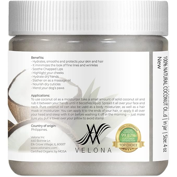 Velona USDA Certified Organic Coconut Oil Extra Virgin - 4 fl oz | Food and Cosmetic Grade | in jar | Extra Virgin, Cold Pressed