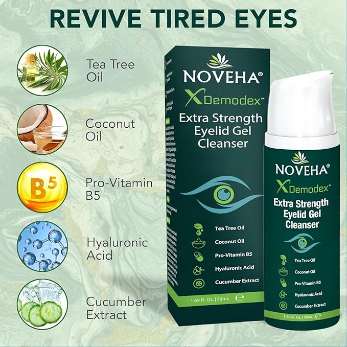 NOVEHA Demodex Extra Strength Eyelid Gel Cleanser - for Demodex, MGD and Dry Eye with Pro-Vitamin B5, Tea Tree Oil, and Hyaluronic Acid - Gentle Cleansing, Soothes Itchy Eyelid - 50mL (1 Pack)