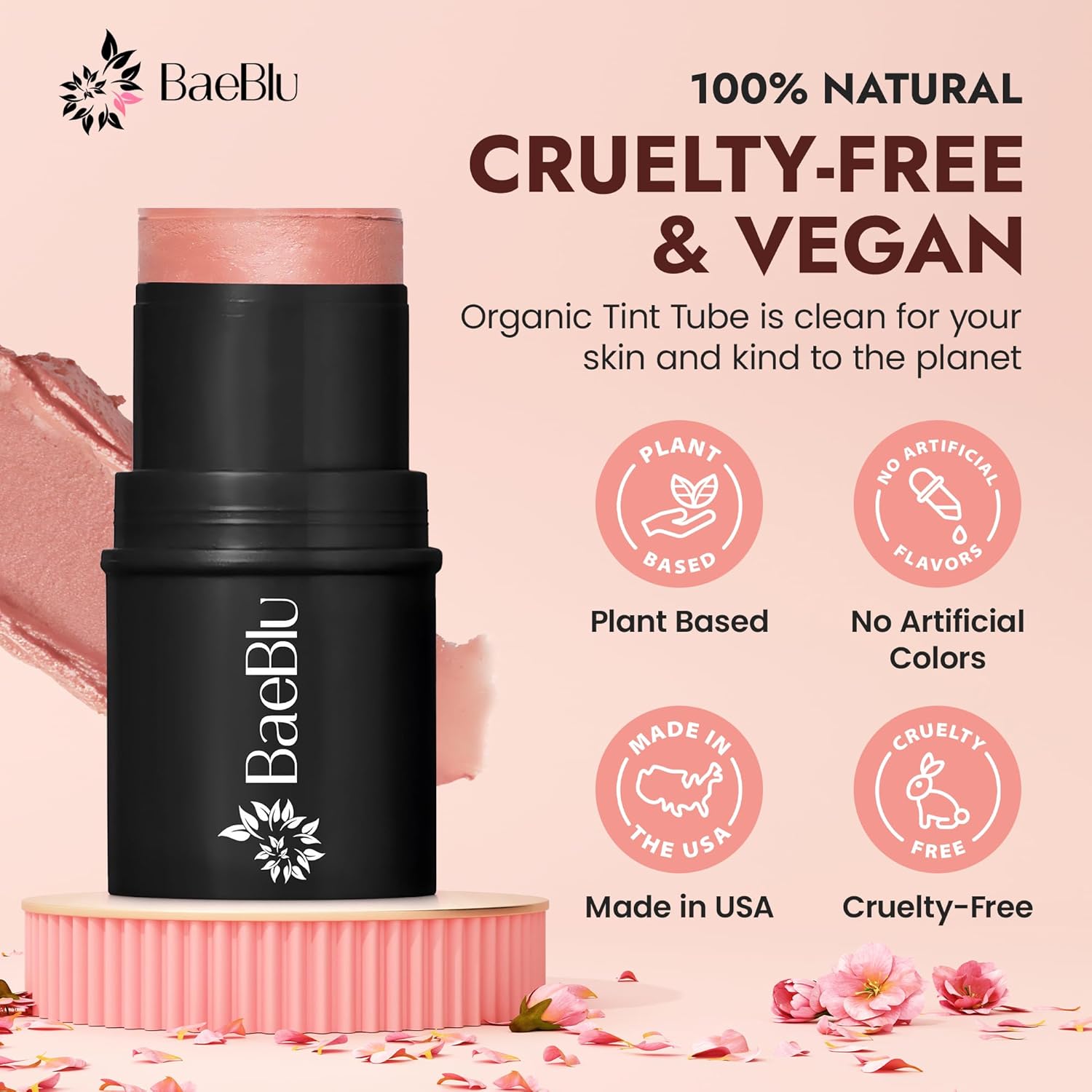 Organic Blush Tube, Rose - 100% Natural Vegan Cream Blush Sticks, Multi-Use Bronzer, & Highlighter for Lips, Cheeks & Eyes, Buildable Shimmer, Gluten-Free, Paraben-Free, Made in USA