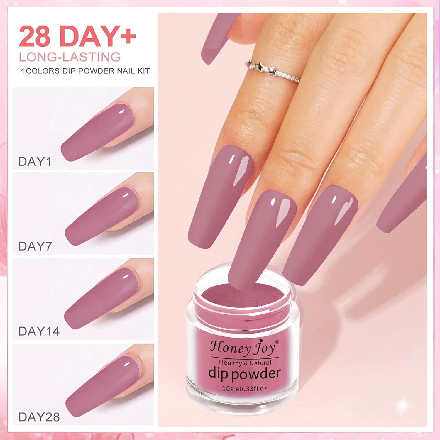 Honey Joy Dip Powder Nail Kit Starter, 4 Colors Light Pink Nude Skin Tone Dipping Powder Liquid Set with Base Top Coat Activator for Nail Art Manicure Salon DIY No LED Nail Lamp Needed, Dip-7pcs-05