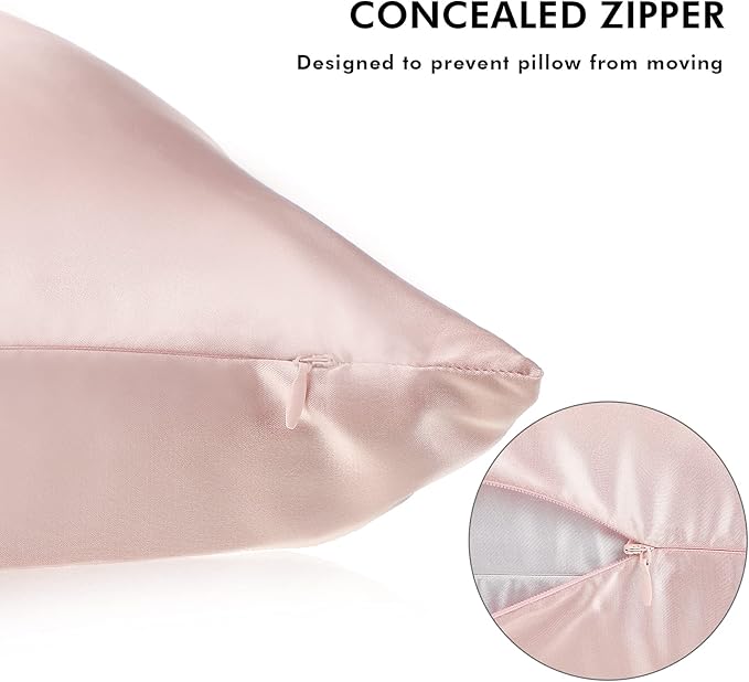 2 Pack Satin Pillowcase with Latent Zipper, Adjustable Satin Eye Mask for Sleeping and Satin Volume Scrunchie for Hair and Skin, Standard Size (Light Pink,Classic Style)