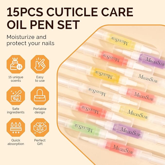 MelodySusie 15Pcs Cuticle Oil Pen Set,Nail Moisturizing Cuticle Oil Enriched with Vitamin E,Softens and Repairs cuticles,Nail Strengthener,Protects Damaged Skin,Thin Nails