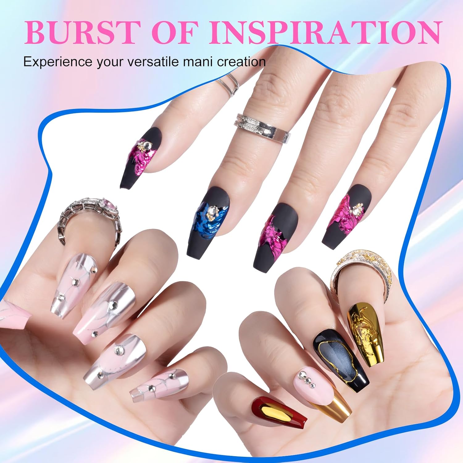 NXJ INFILILA Gold Silver Chrome Nail Powder, 4 Classic Colors Mirror Effect - Gold, Silver, Pink, Blue, Metallic Magnetic Glitter Polish Powder Pallete for Gel Nails, DIY Manicure Art Supplies Kit